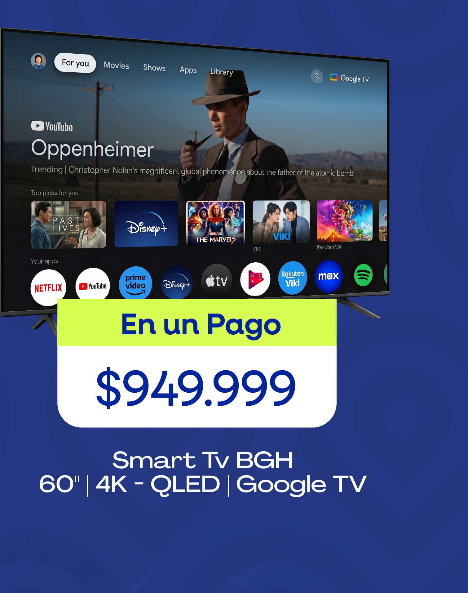 En un Pago $949.999 Smart Tv BGH 60" | 4K - QLED | Google TV
